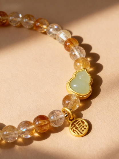 Natural citrine bracelet with nephrite jade calabash fortune charm