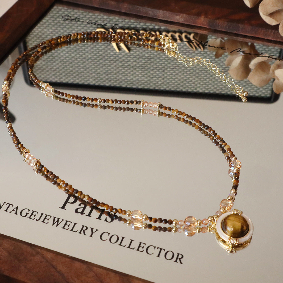 Natural tiger eye sweater chain showing chatoyant golden-brown beads