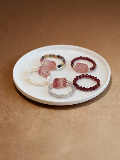 Natural tourmaline Pixiu ring with strawberry quartz crystal accents