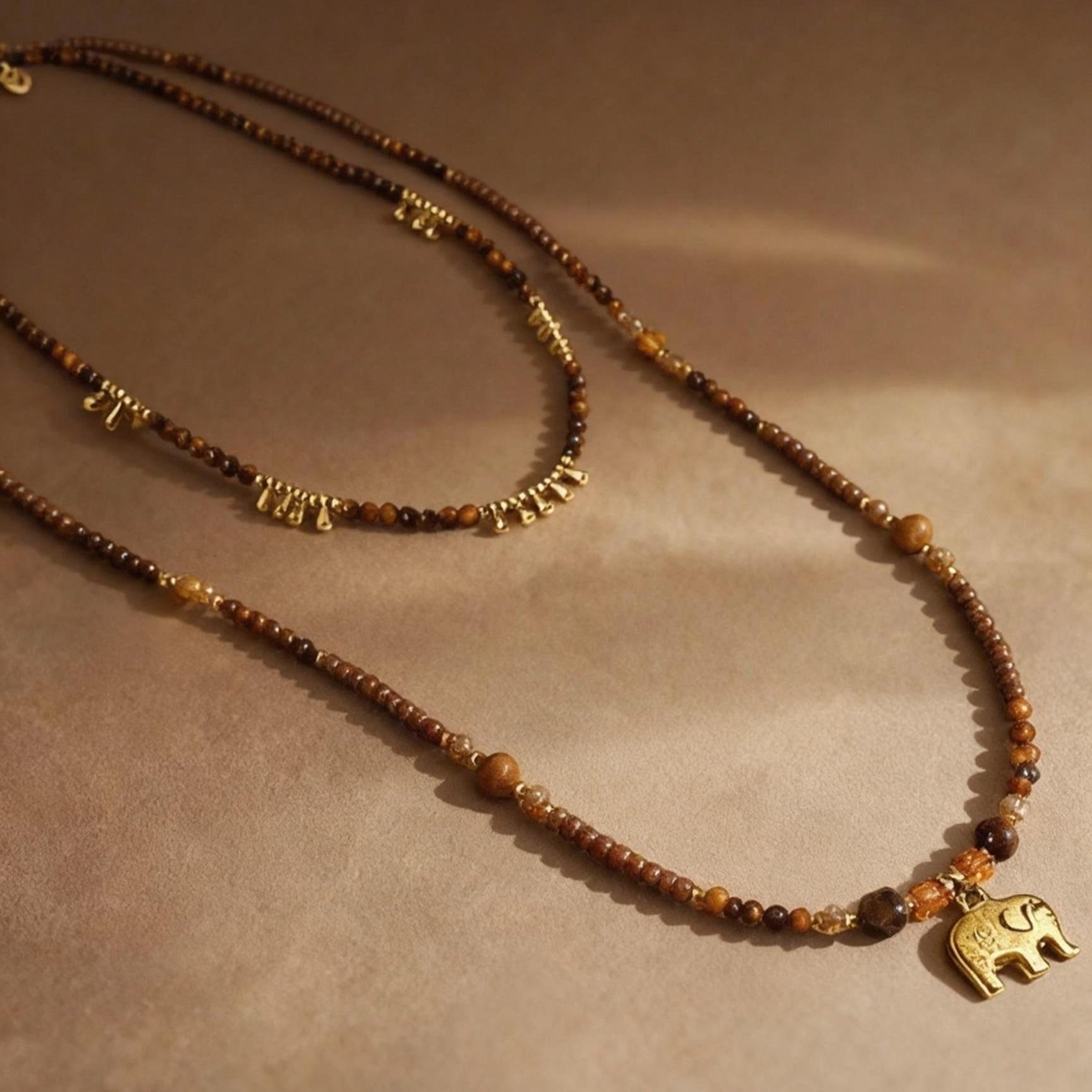 Natural tiger eye long sweater chain necklace with elephant pendant