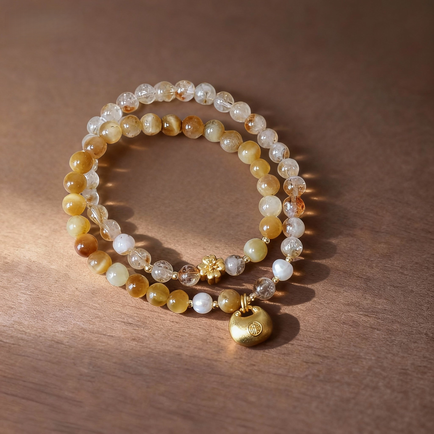 Natural golden rutilated quartz double-strand bracelet with fortune lock