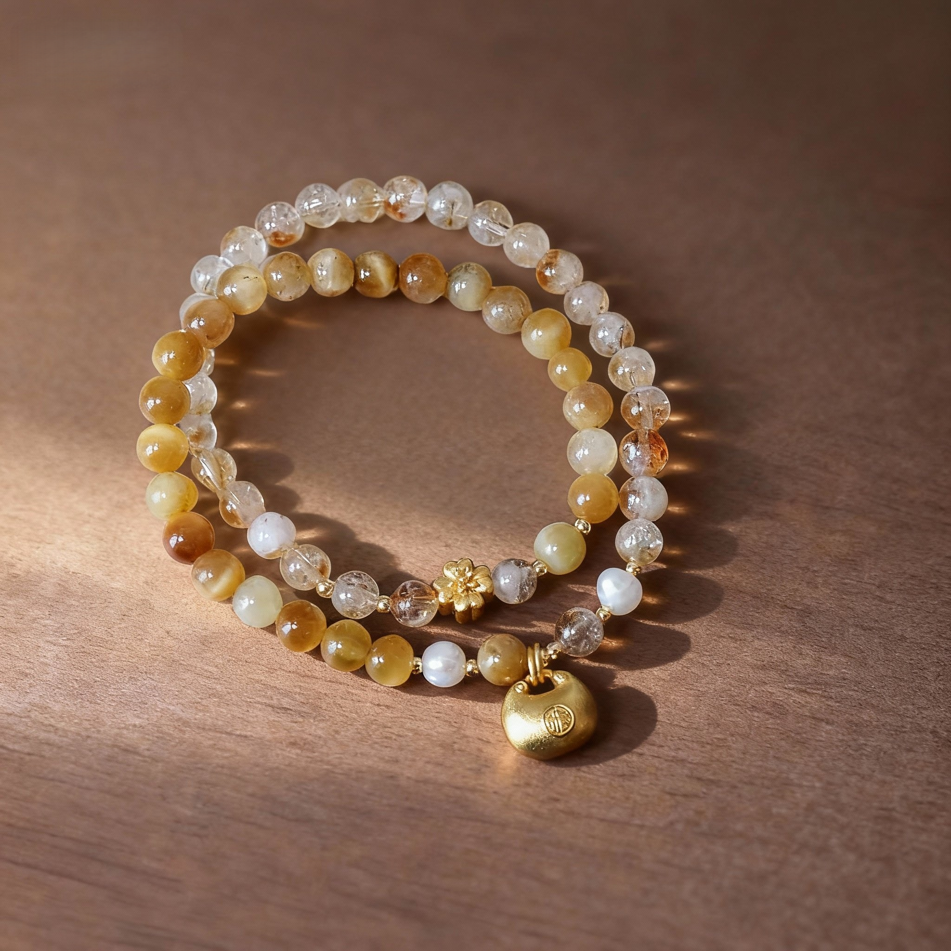 Natural golden rutilated quartz double-strand bracelet with fortune lock