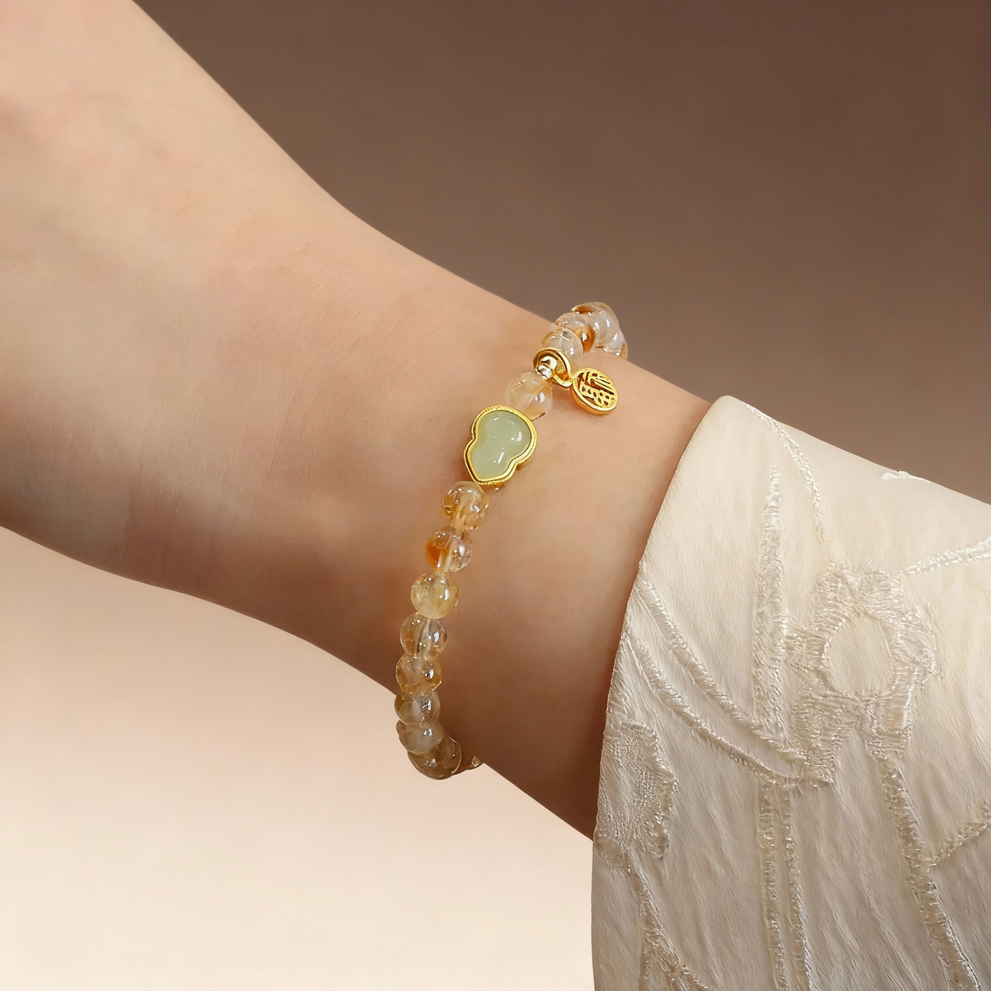 Natural citrine and jade calabash beaded bracelet