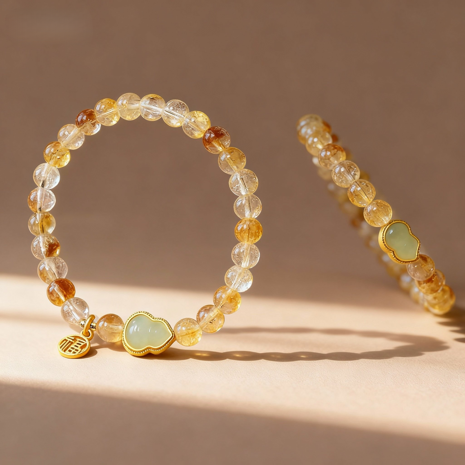 Natural citrine crystal abundance bracelet with jade charm