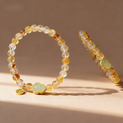 Natural citrine crystal abundance bracelet with jade charm