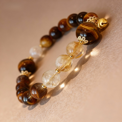 Natural rutilated citrine bracelet with tiger eye and gourd charm