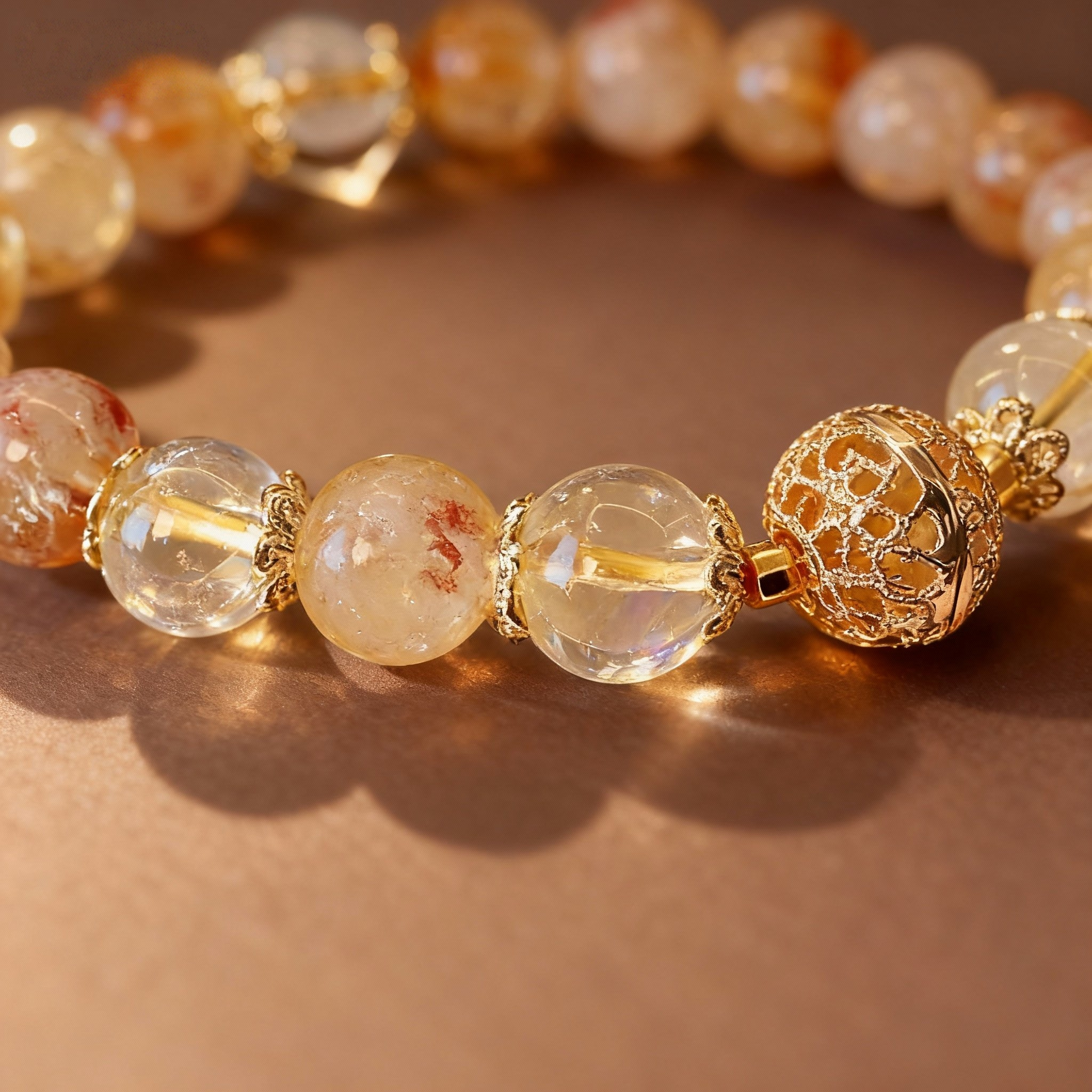 Natural rutilated quartz beaded bracelet with decorative metal bead