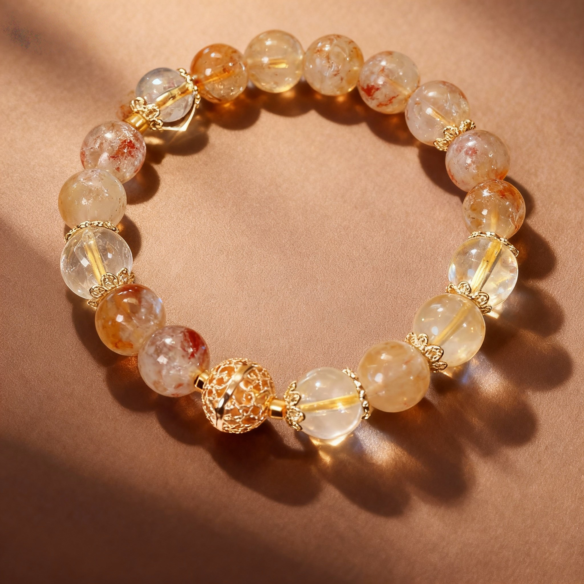 Close-up of golden rutilated quartz beads with metal accent bead