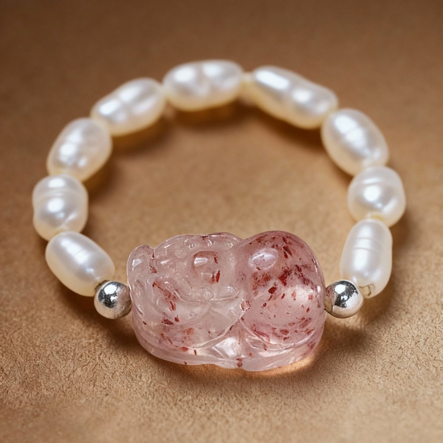 Close-up of tourmaline ring with Pixiu charm and white pearls