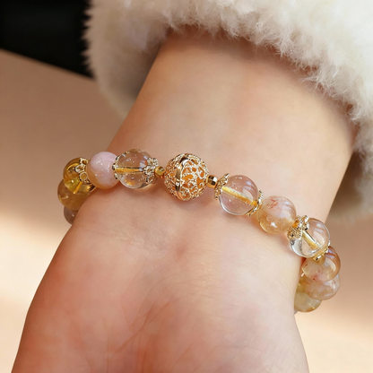 Luxury golden rutilated quartz crystal bracelet with metal ball bead