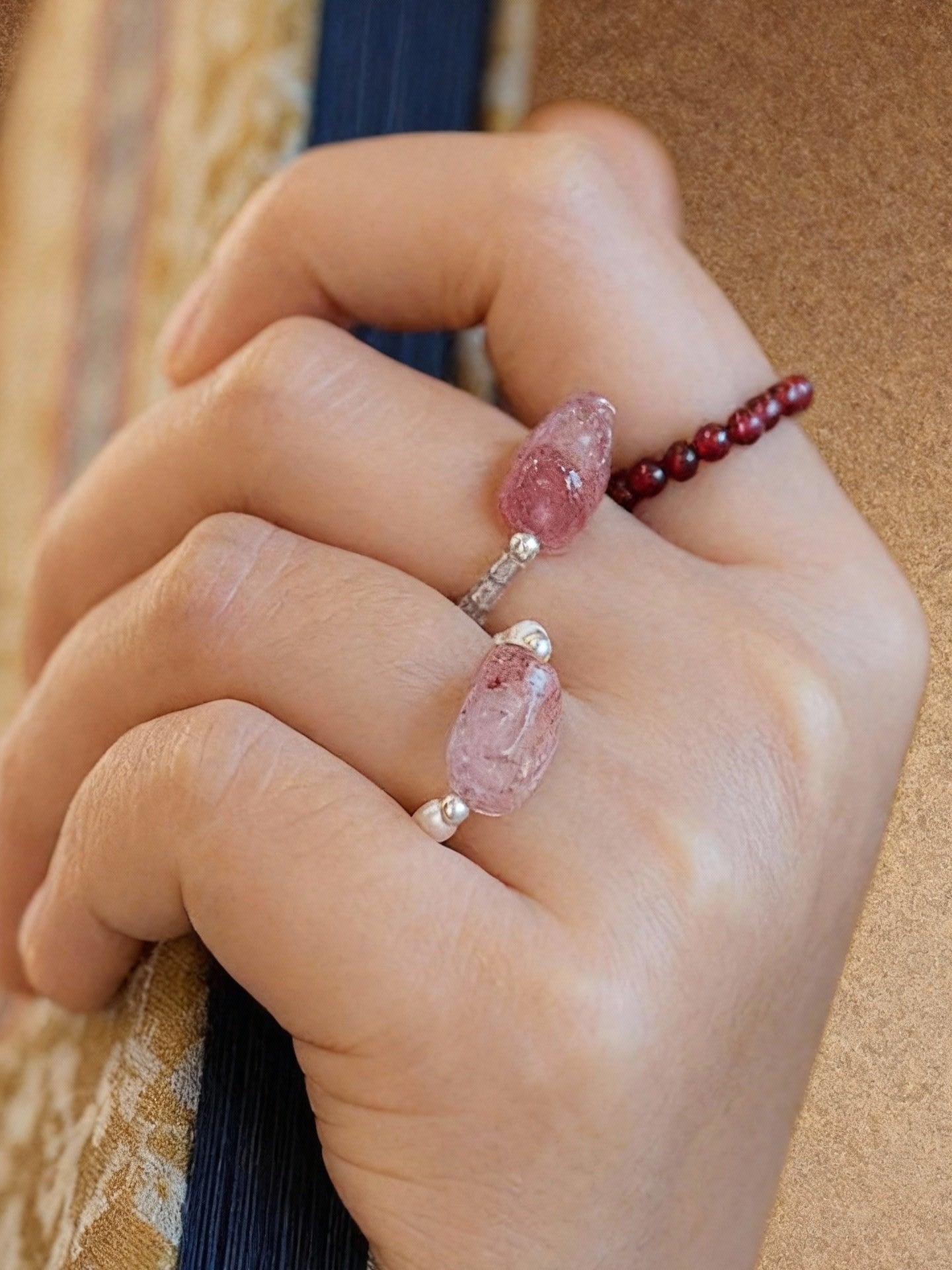 Natural tourmaline ring with Pixiu charm and pink strawberry quartz