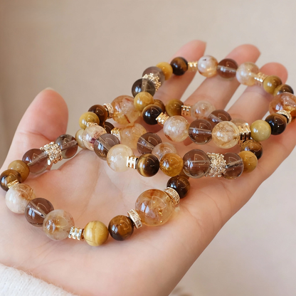Natural rutilated quartz bracelet with golden tiger's eye beads