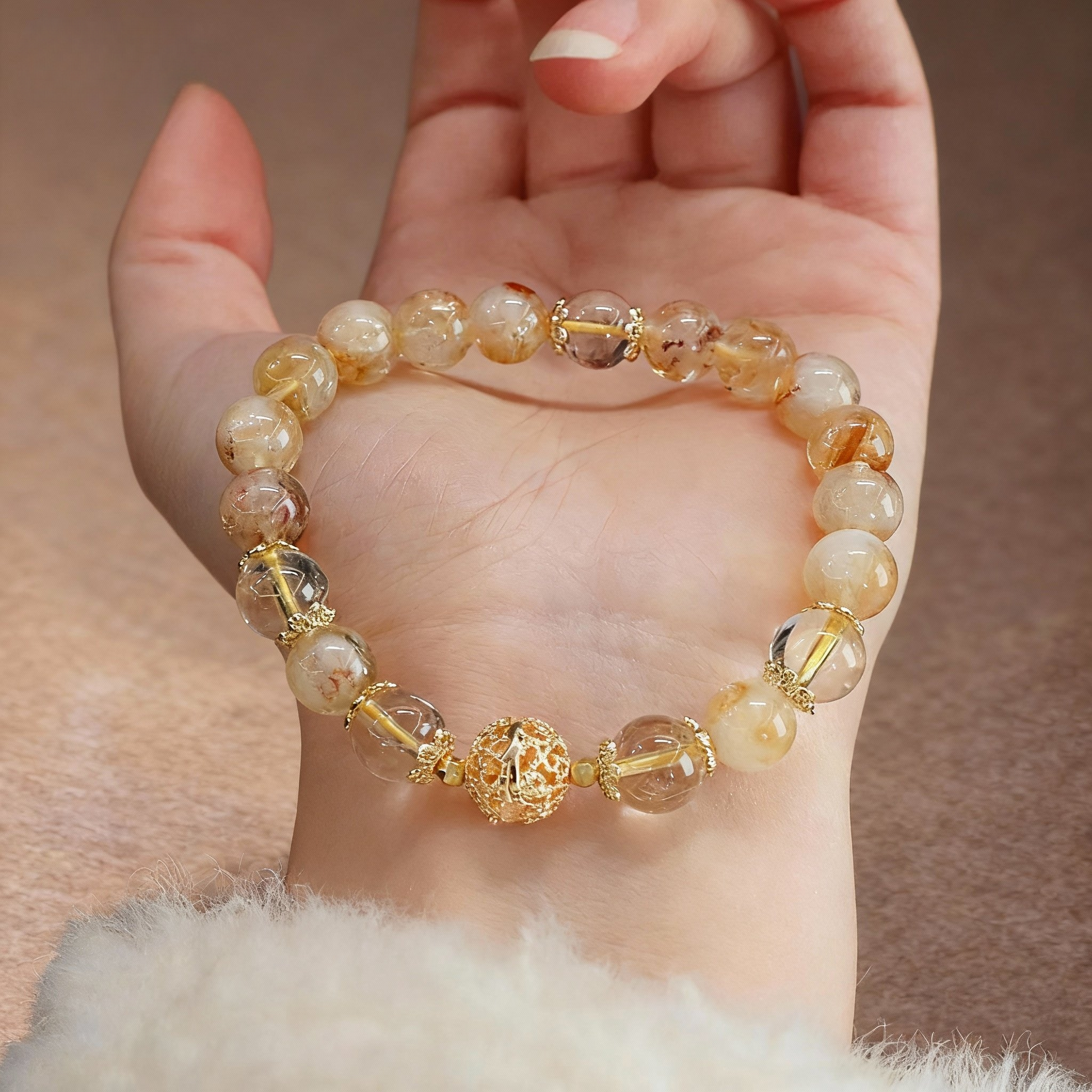 Golden rutilated quartz wealth bracelet with metal accent