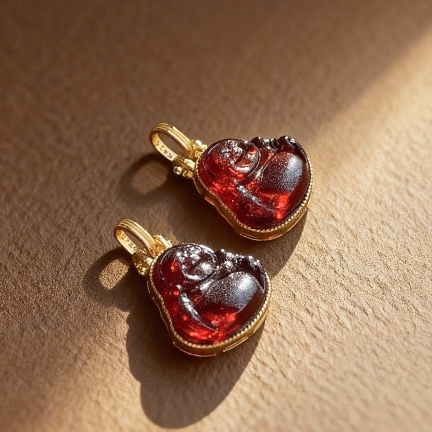 Blood amber Maitreya Buddha pendant necklace with carved design