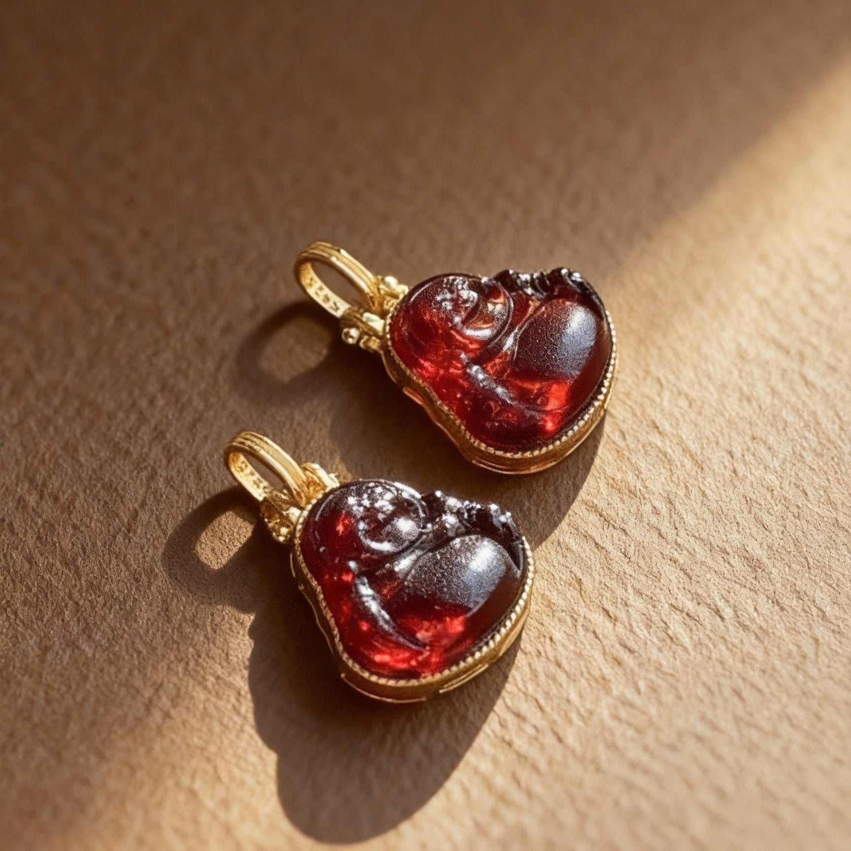 Blood amber Maitreya Buddha pendant necklace with carved design