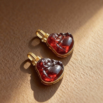 Blood amber Maitreya Buddha pendant necklace with carved design