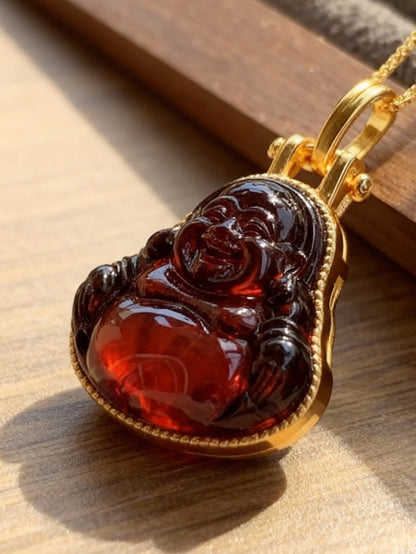 Detail of carved Maitreya Buddha in natural blood amber