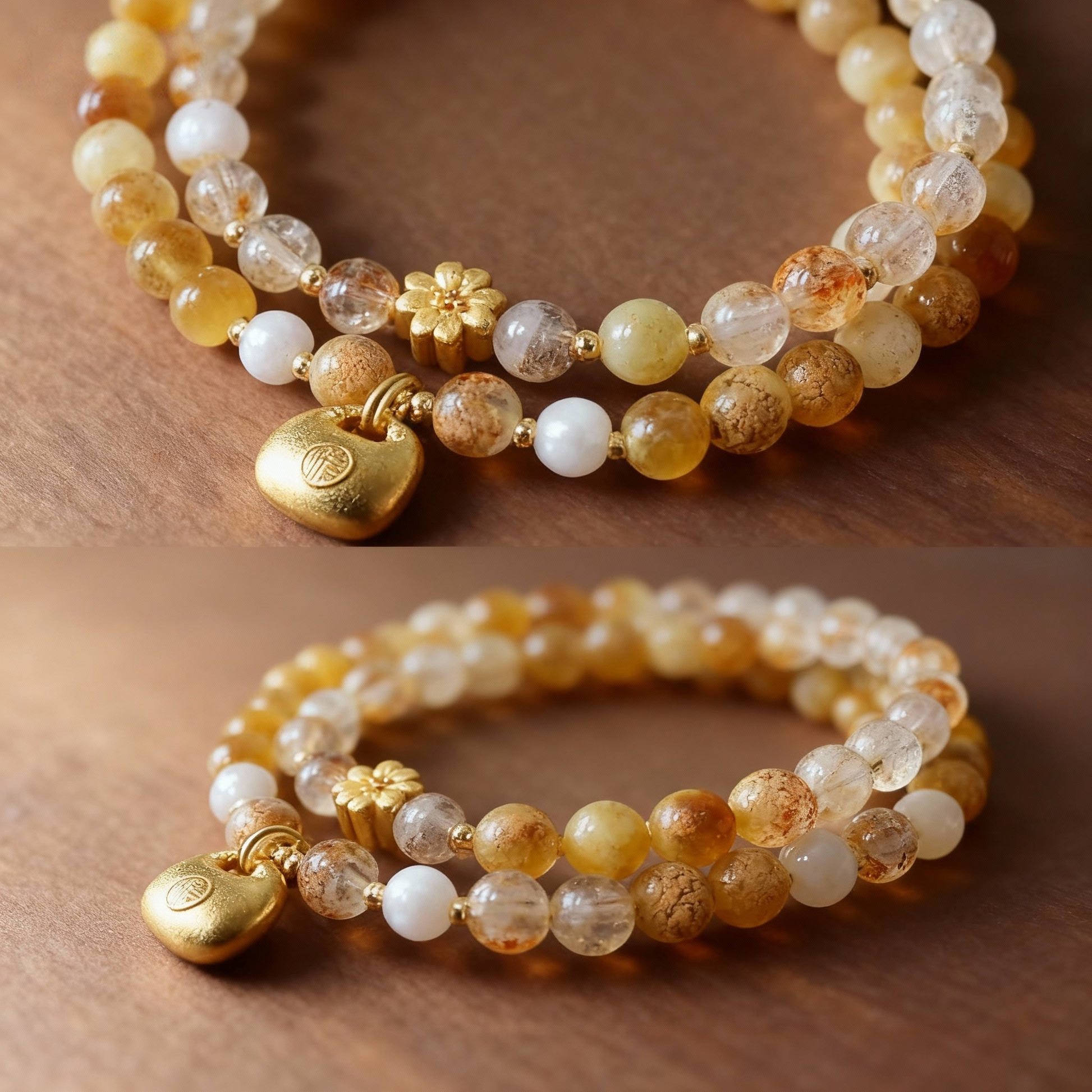 Detail of rutilated quartz bracelet with luxury fortune lock pendant