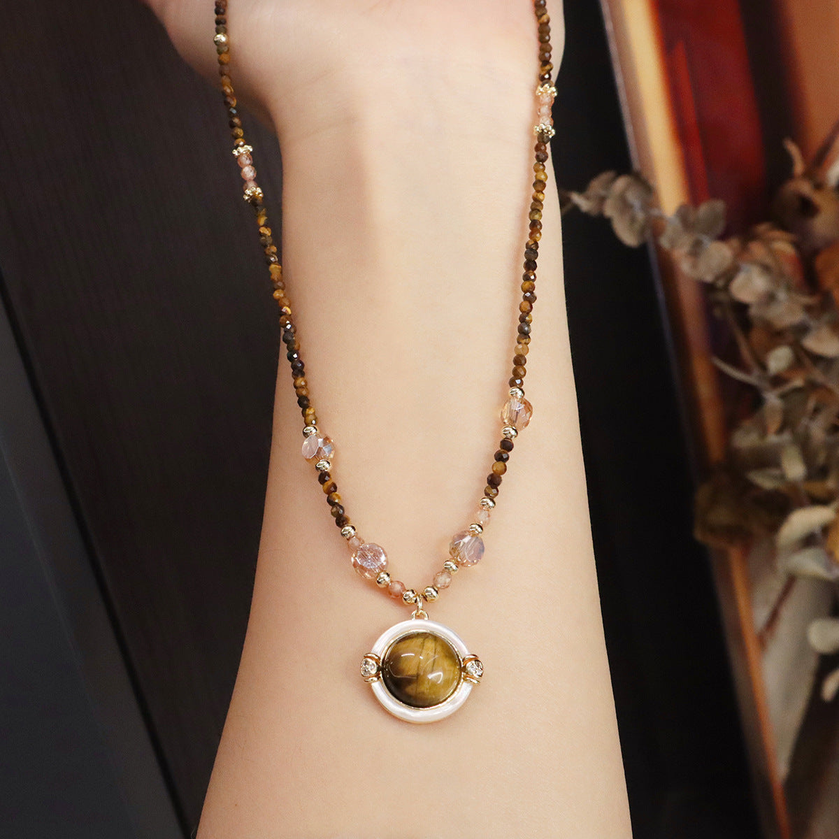 Natural stone tiger eye beaded necklace with iridescent shell pendant