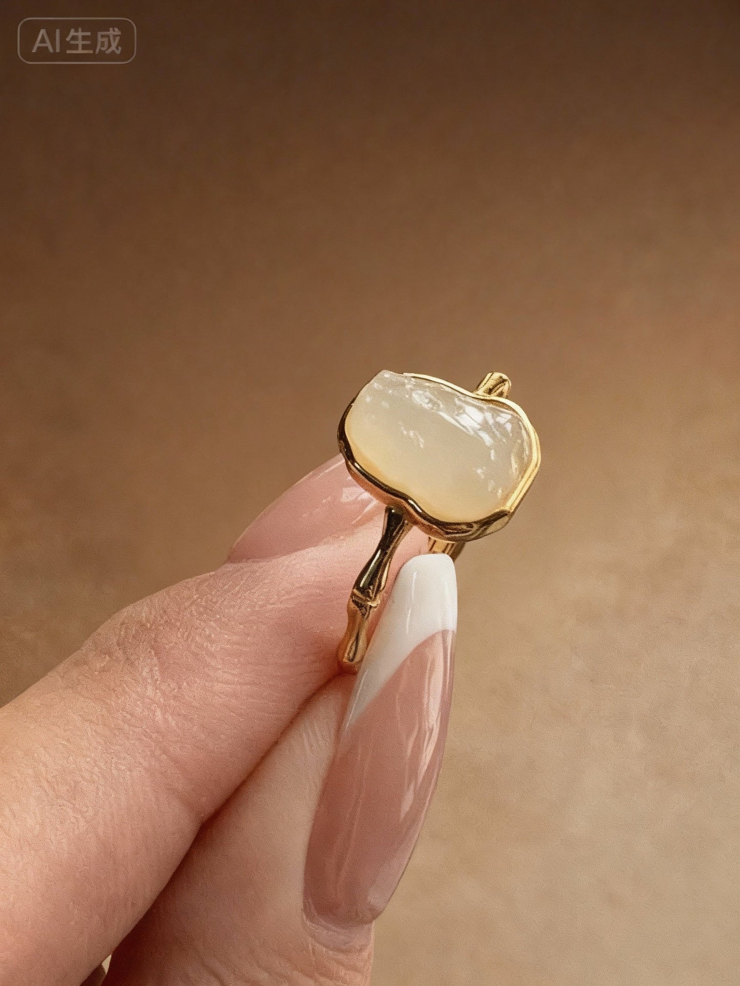 Close-up of Hetian white jade ring showing natural stone texture
