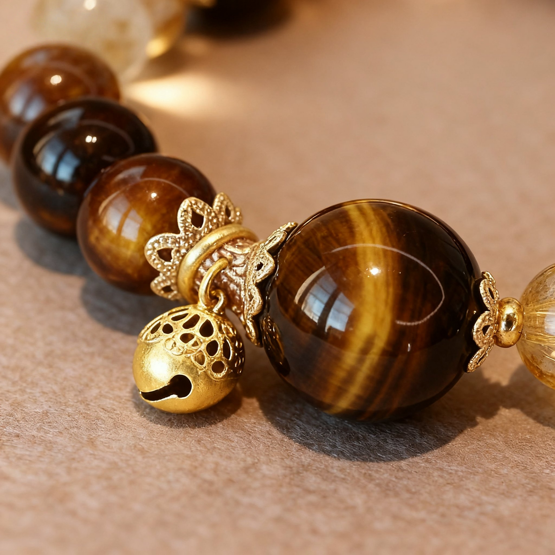 Golden crystal bracelet showing citrine, tiger eye and gourd pendant