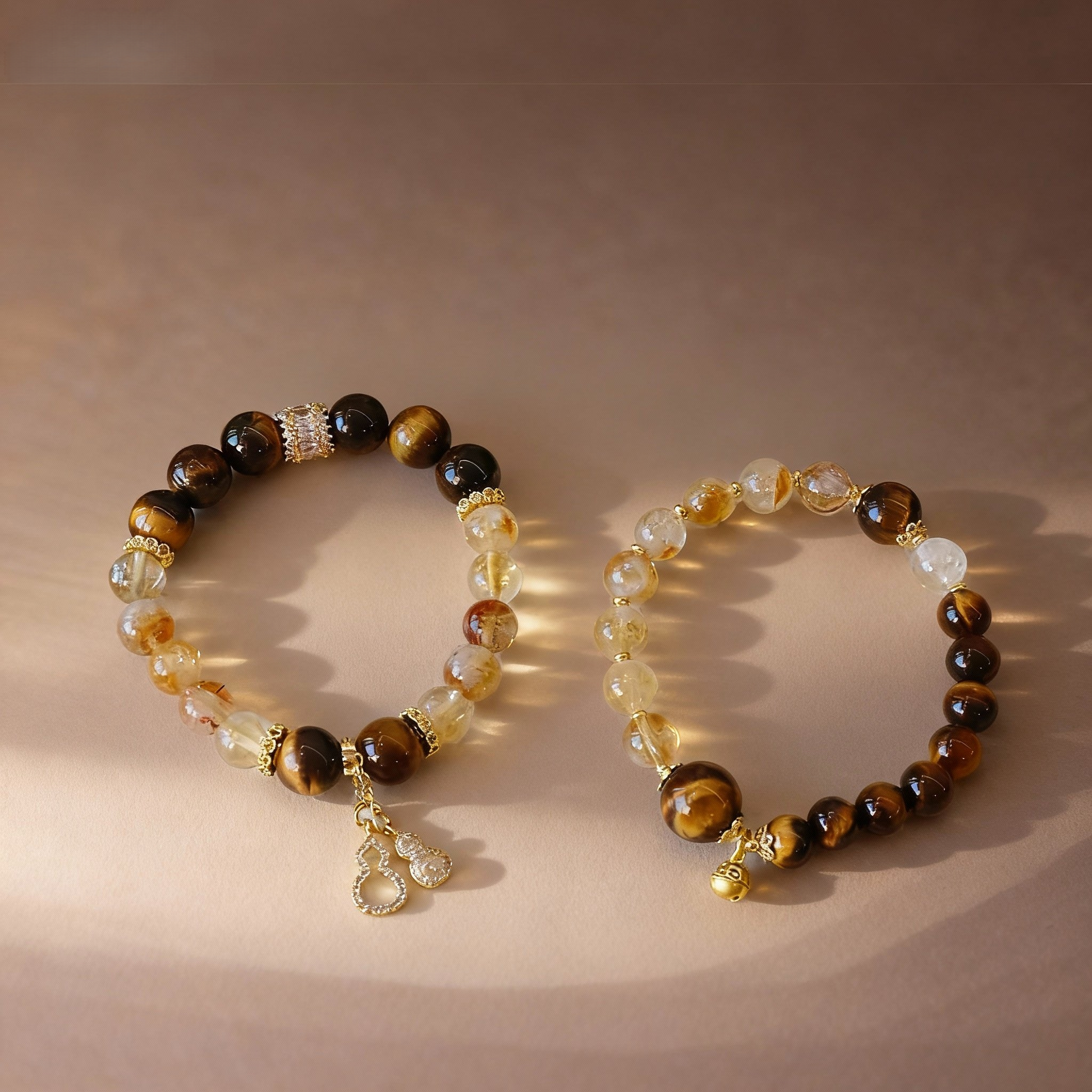 Natural golden crystal gourd charm bracelet with citrine and tiger eye