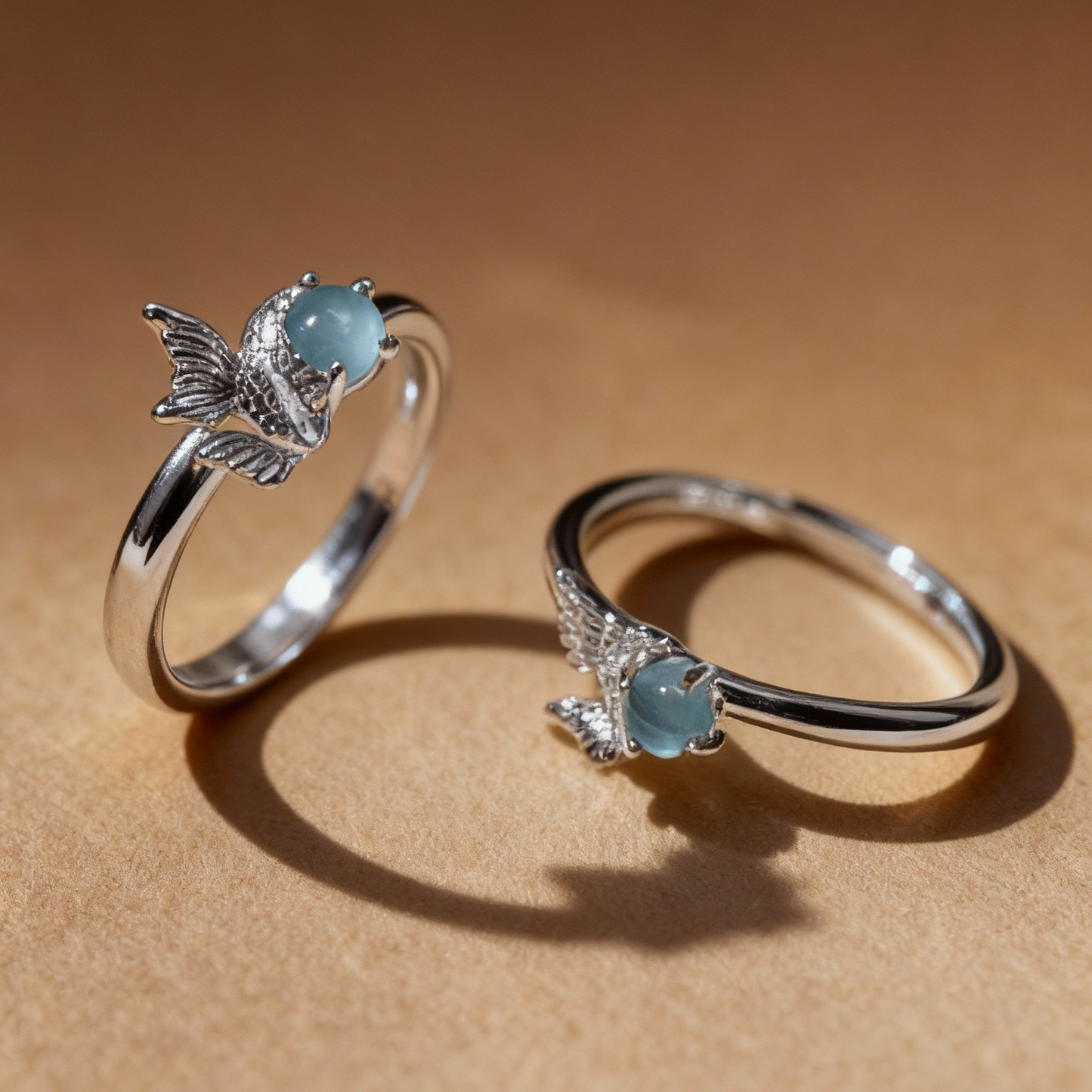 Natural aquamarine aventurine ring with angel wing motif