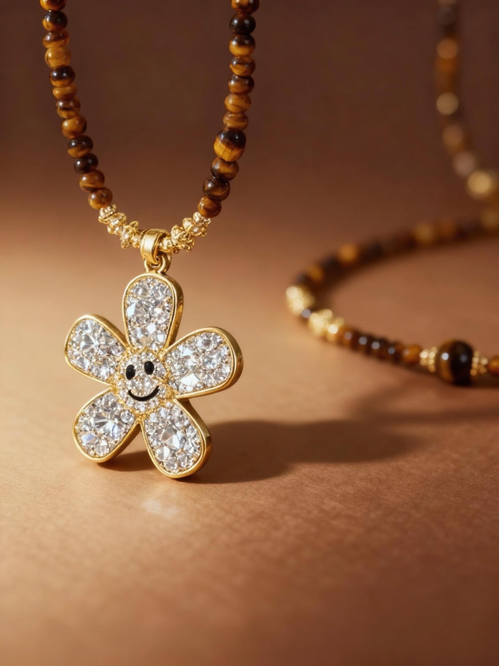 Close-up of tiger eye beads with sparkling zircon flower pendant