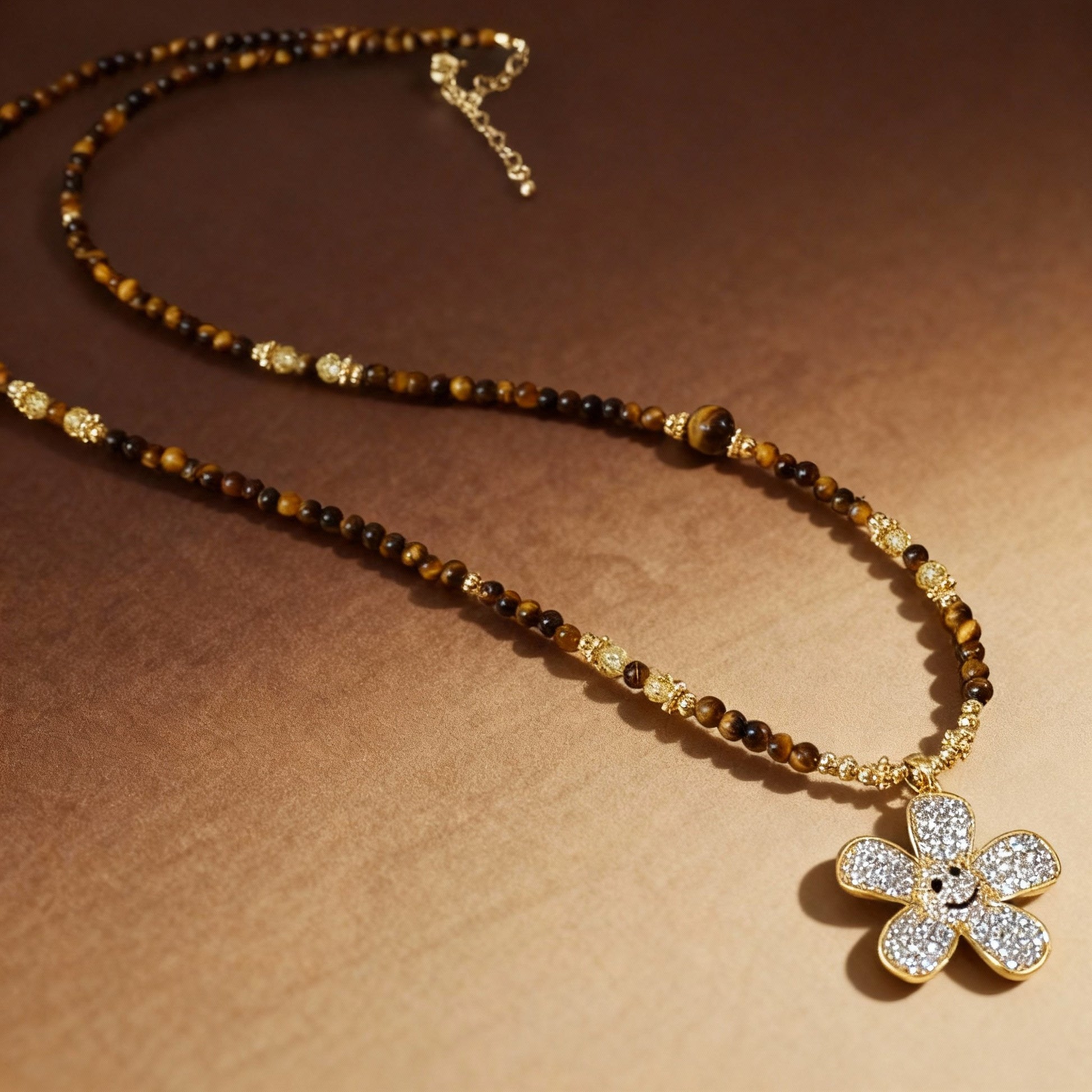 Natural tiger eye and zircon flower long beaded sweater chain necklace