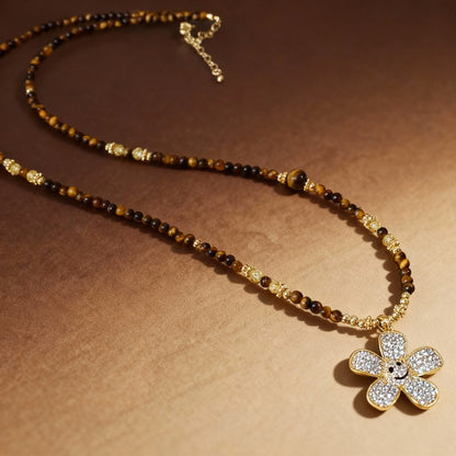 Natural tiger eye and zircon flower long beaded sweater chain necklace