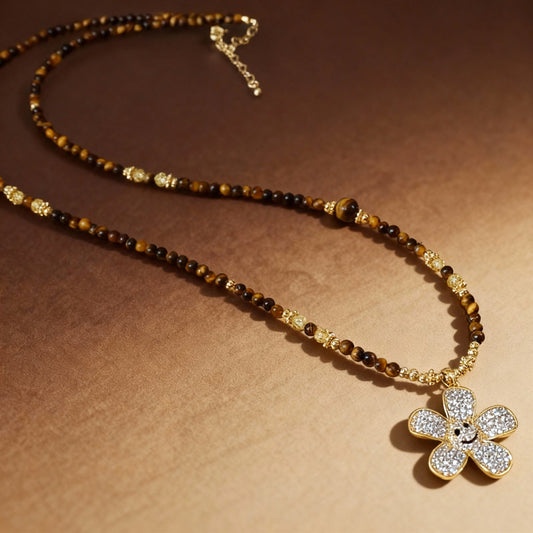 Natural tiger eye and zircon flower long beaded sweater chain necklace
