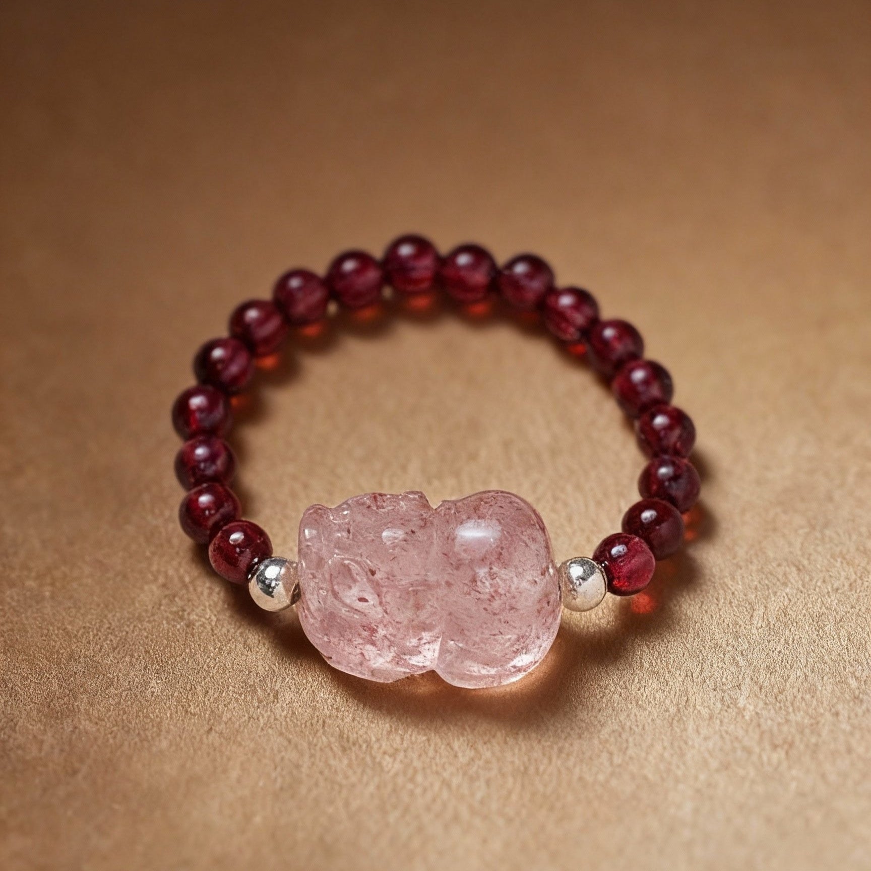 Natural tourmaline Pixiu ring with garnet gemstone accents