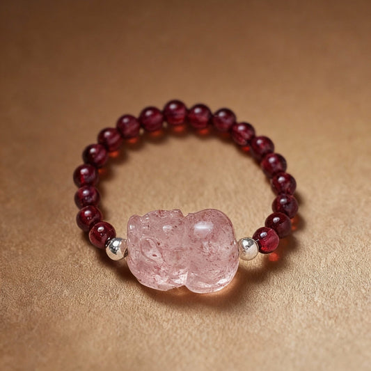 Natural tourmaline Pixiu ring with garnet gemstone accents