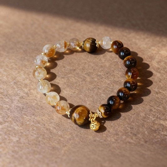 Natural rutilated citrine and tiger eye bracelet with golden gourd charm