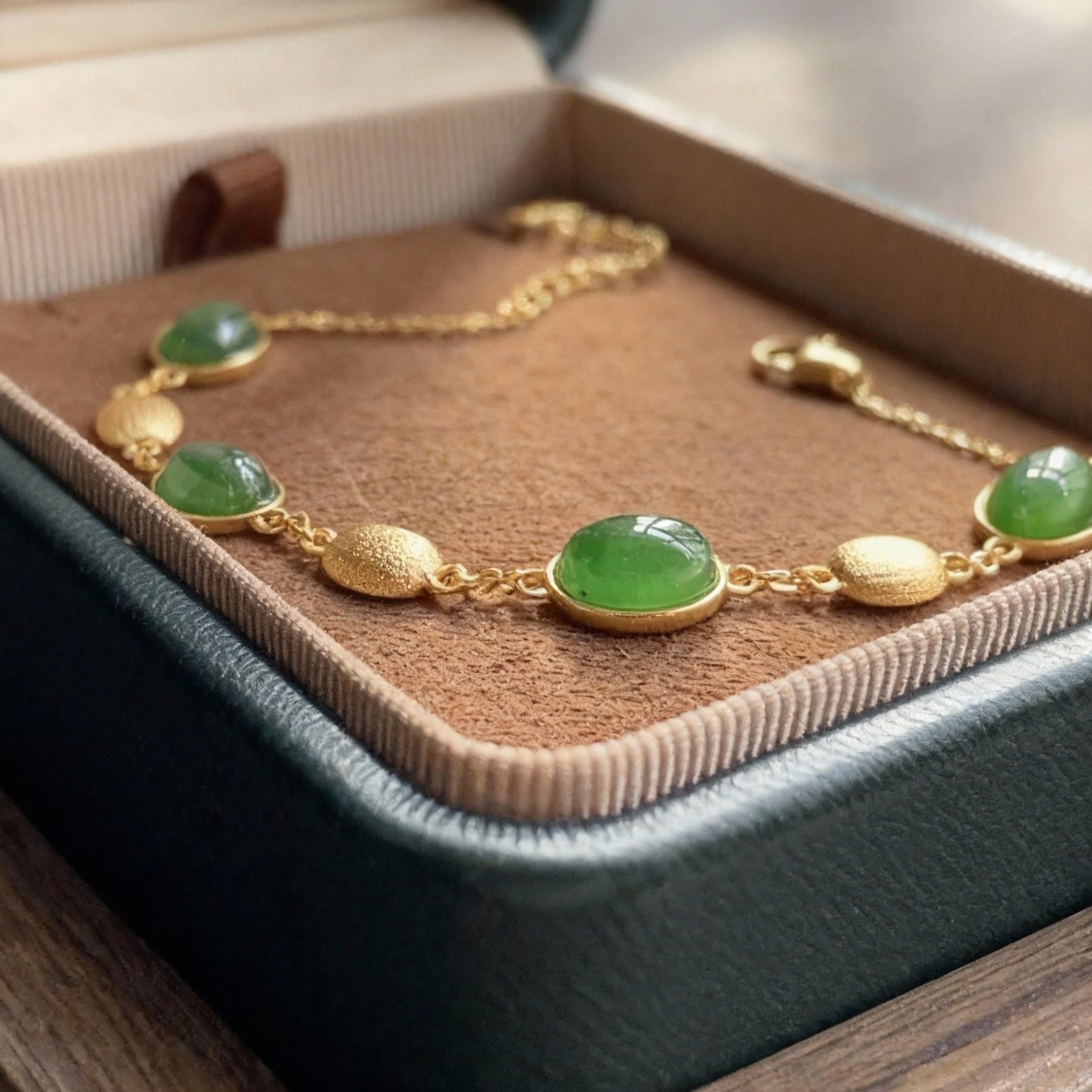 Close-up of nephrite jade beaded bracelet showing rich green color