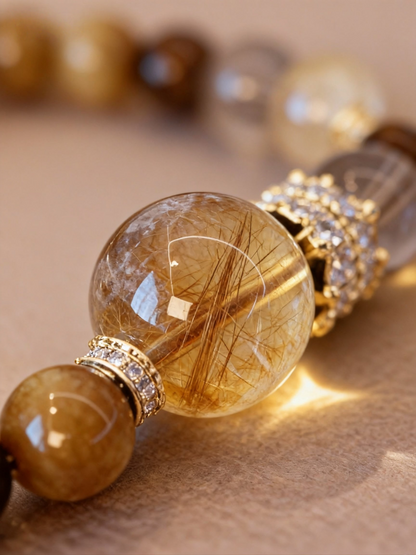 Natural golden crystal bracelet with rutilated quartz and tiger's eye