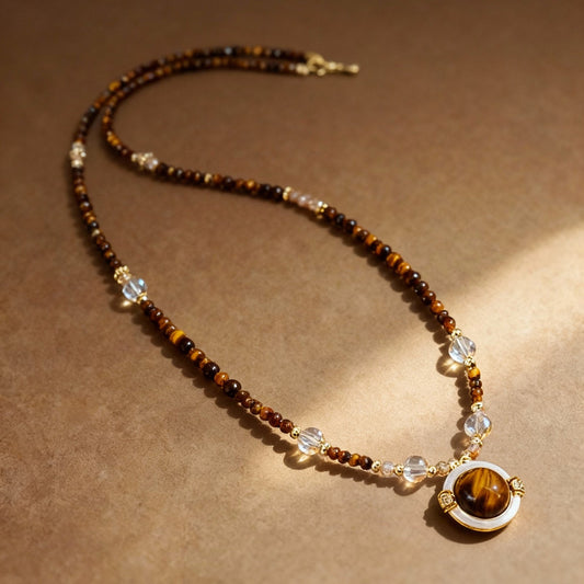 Natural tiger eye and mother-of-pearl pendant long sweater chain necklace