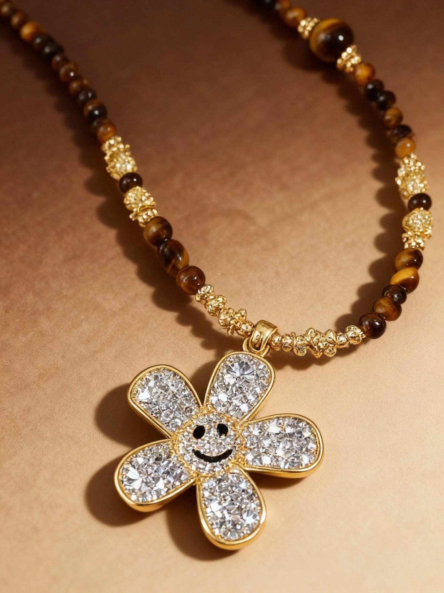 Tiger eye stone beaded long necklace with crystal flower pendant