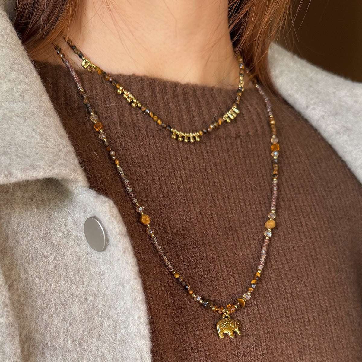 Natural tiger eye sweater chain showing bead arrangement