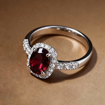 Close-up of oval-cut garnet stone on ring