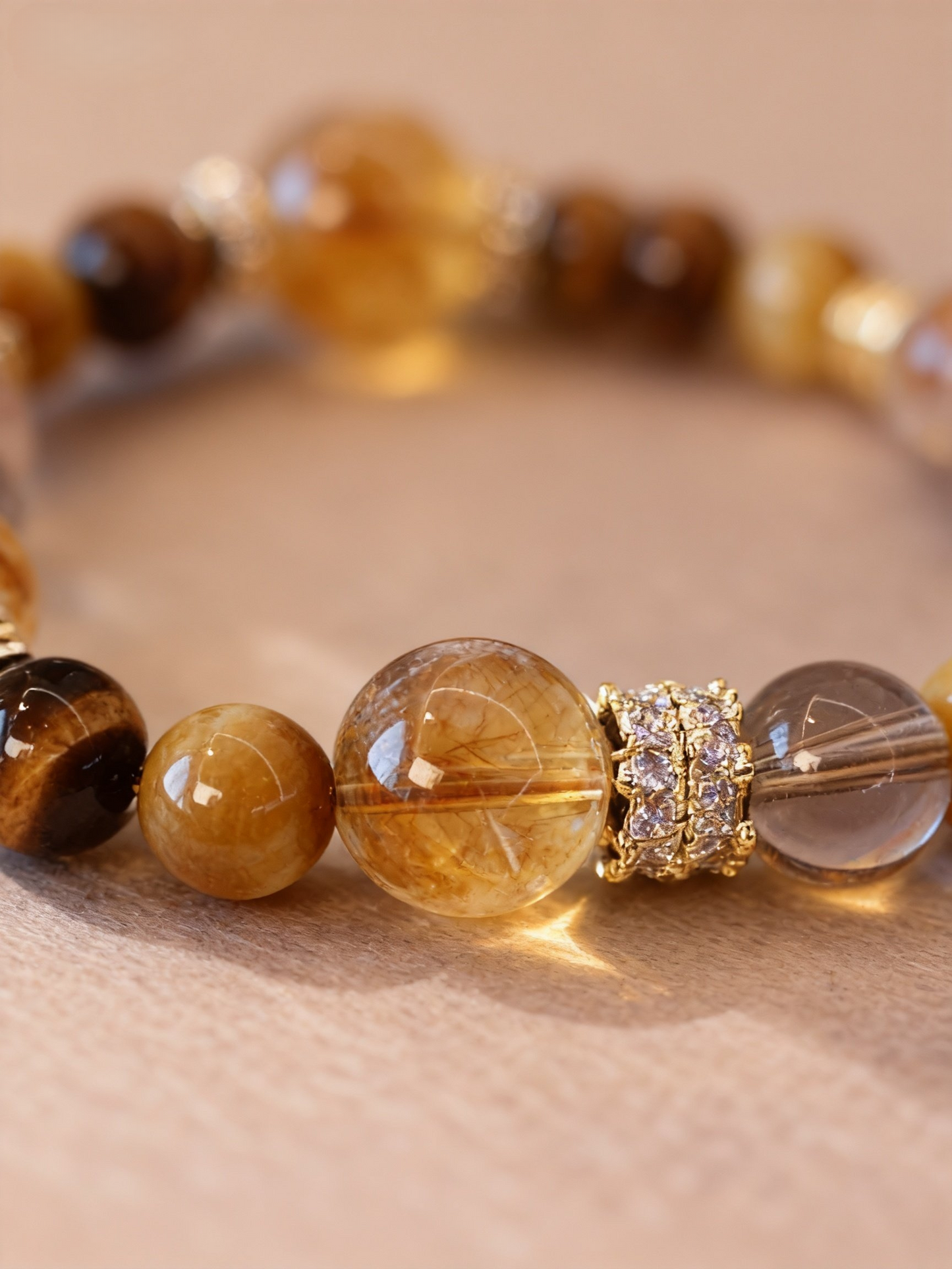 Natural golden rutilated quartz beaded bracelet with tiger's eye