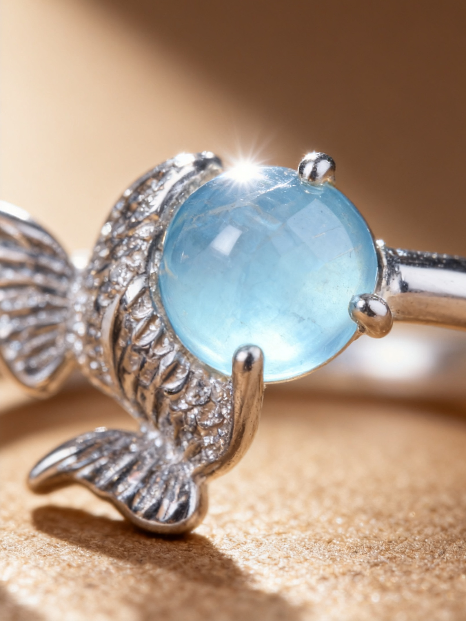 Angel wing ring showing aquamarine and aventurine stone setting