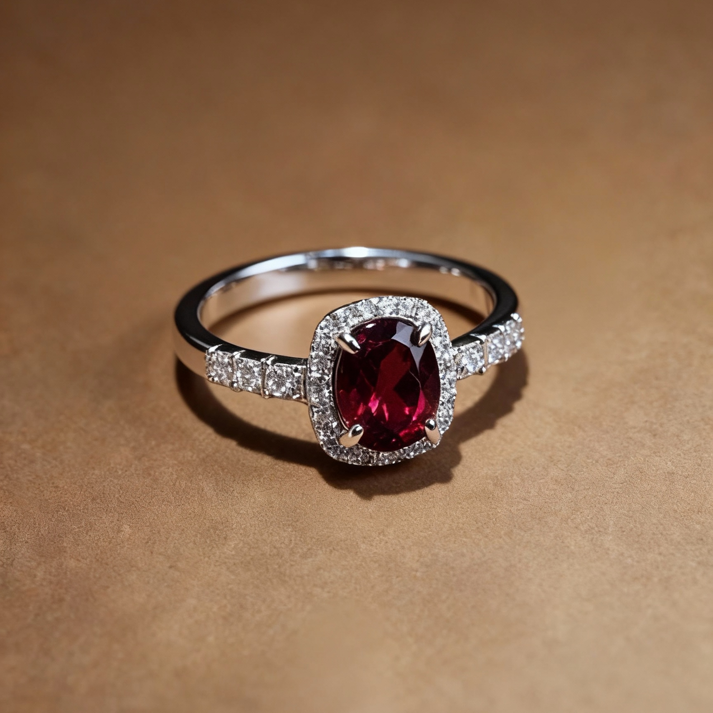 Detail of oval garnet ring showing rich red color