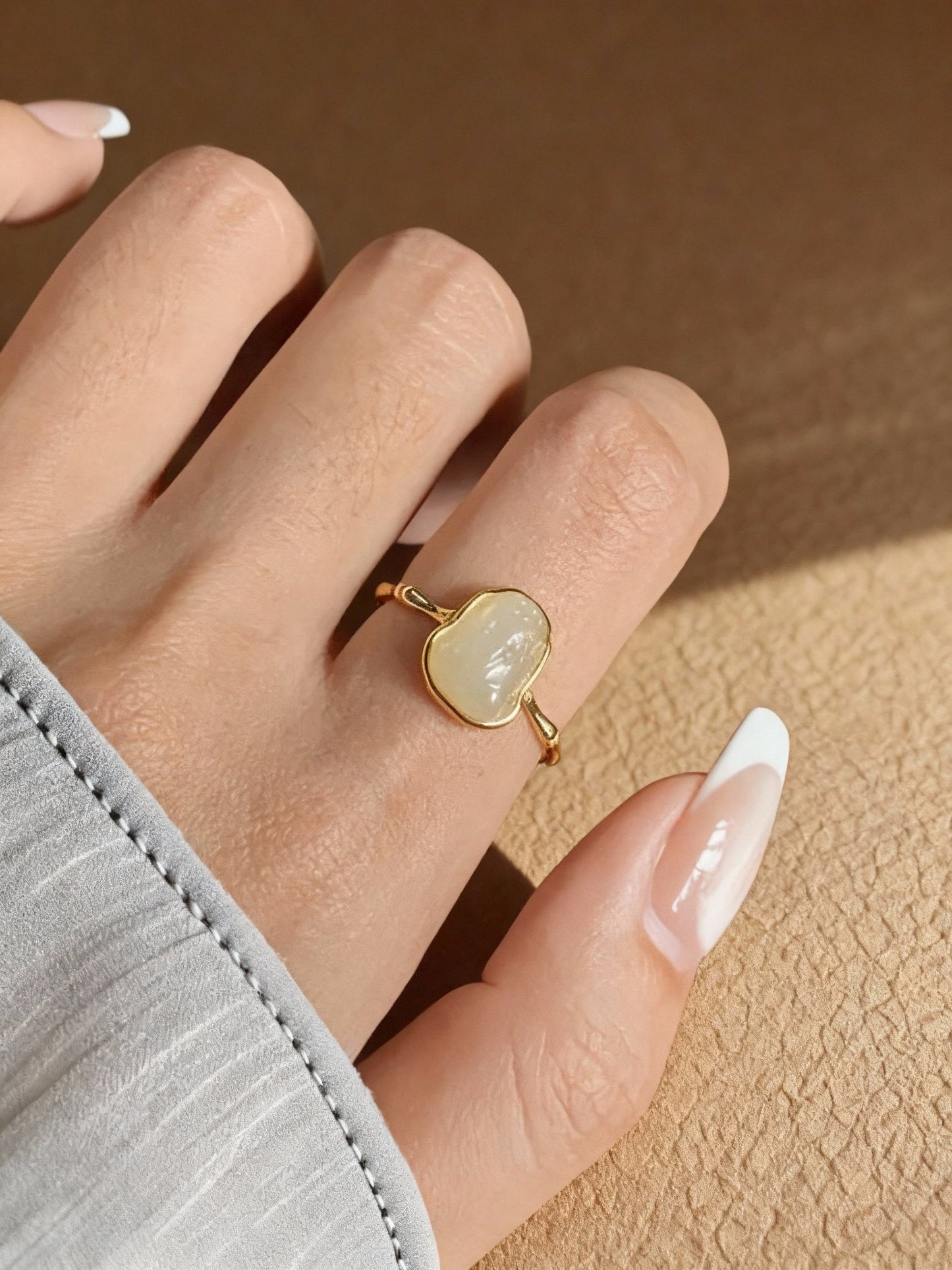 White jade ring with natural Hetian nephrite stone