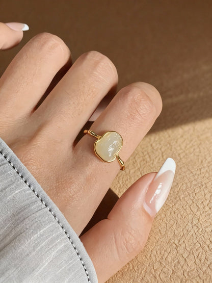 White jade ring with natural Hetian nephrite stone