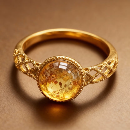 Detail of flower-carved amber ring with warm golden tones