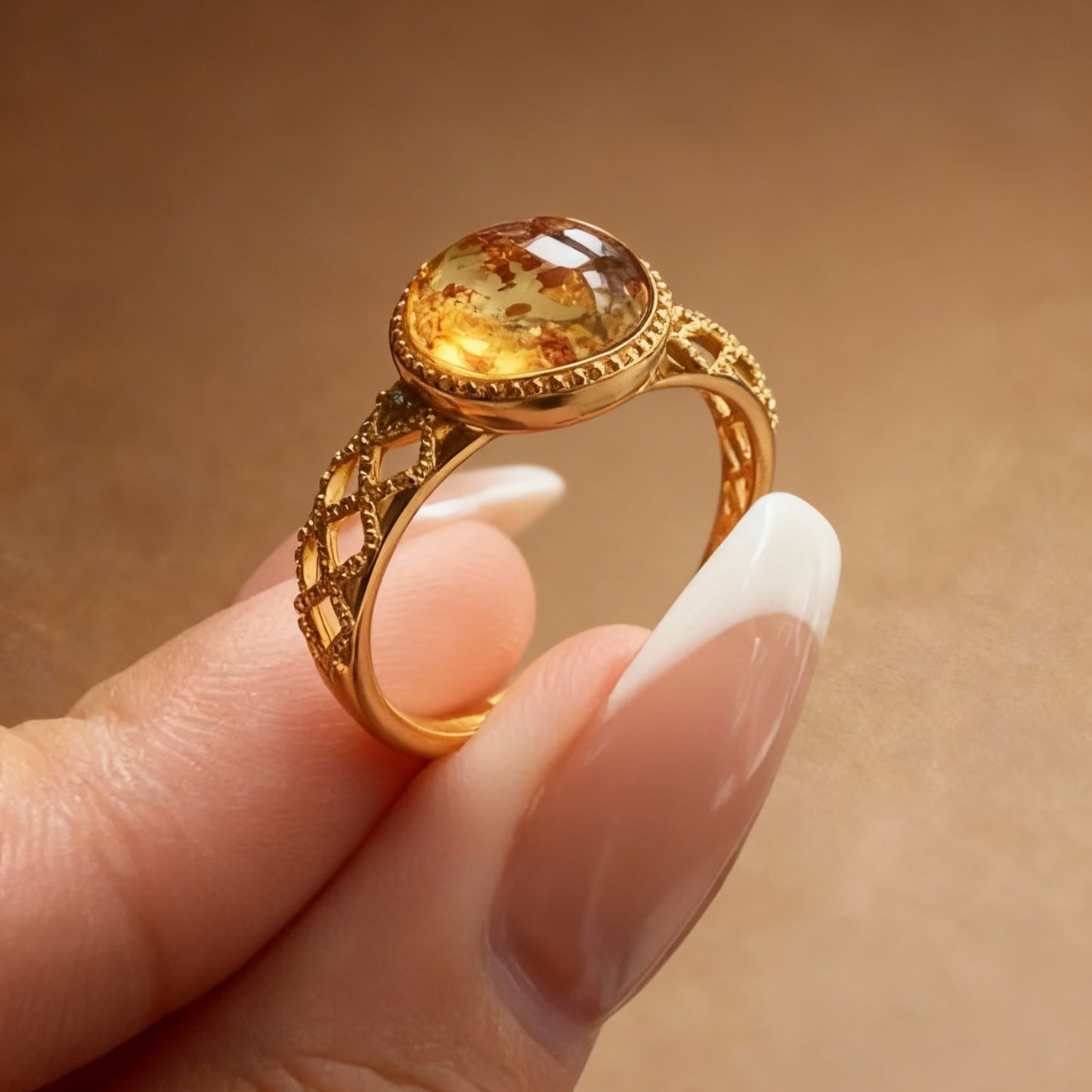 Amber ring with honey-glow translucent flower design