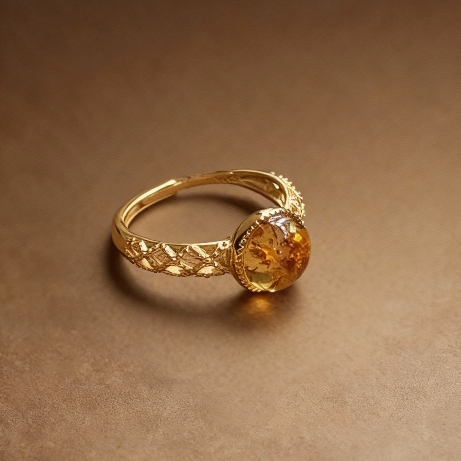 Honey-glow flower amber ring with golden translucent stone