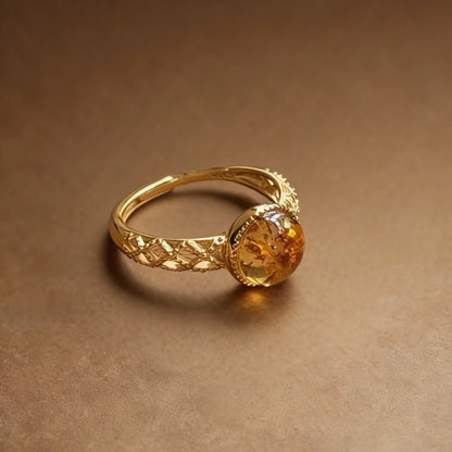 Honey-glow flower amber ring with golden translucent stone