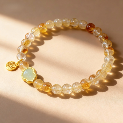 Natural citrine beaded bracelet with nephrite jade calabash charm